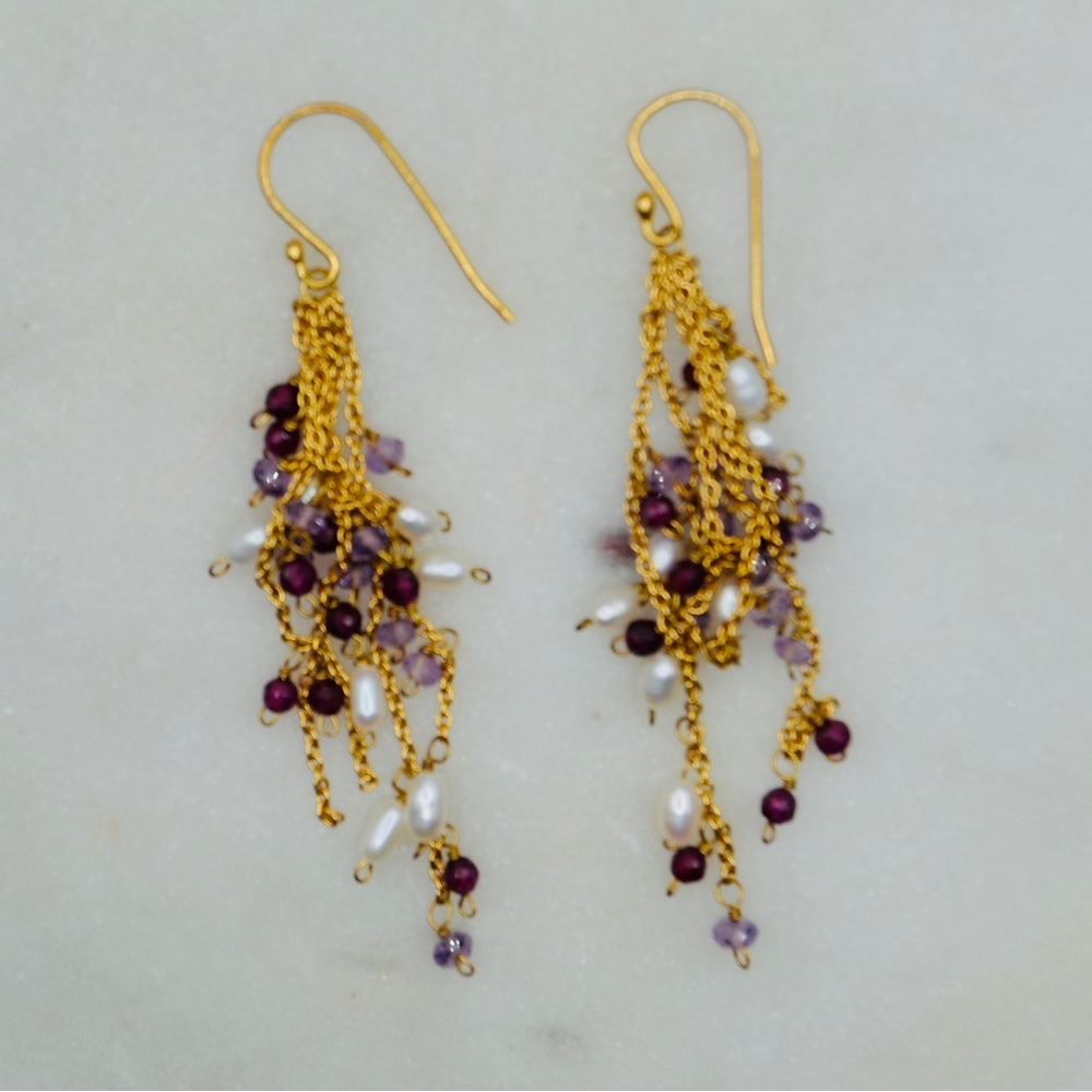 Natural amethyst and seedling pearl tassel earrings